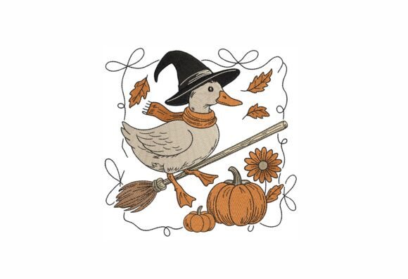 Adorable Fall Witch Duck Embroidery Design