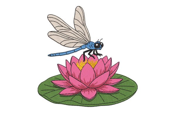 Dragonfly at the Lotus: A Graceful Embroidery Design
